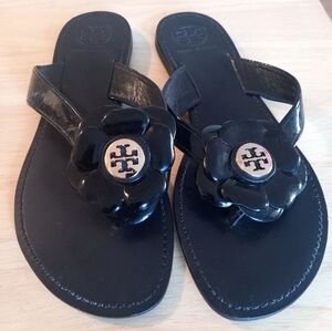 Tory Burch Black Breely Flower Flat Thong Sandal 7.5